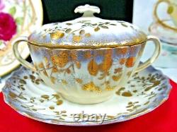 Nippon tea cup and saucer raised gold double handle teacup lavender painted set