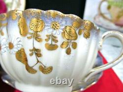 Nippon tea cup and saucer raised gold double handle teacup lavender painted set