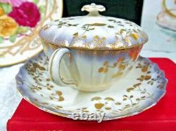 Nippon tea cup and saucer raised gold double handle teacup lavender painted set