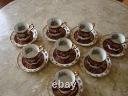 Ohashi Tea Cups Saucers 8 Glossy China Gold Leaf White Maroon 1932 Antique