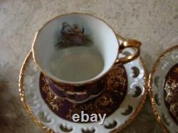 Ohashi Tea Cups Saucers 8 Glossy China Gold Leaf White Maroon 1932 Antique