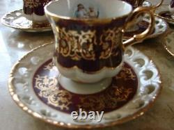 Ohashi Tea Cups Saucers 8 Glossy China Gold Leaf White Maroon 1932 Antique