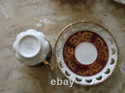 Ohashi Tea Cups Saucers 8 Glossy China Gold Leaf White Maroon 1932 Antique