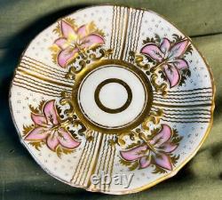 Old Antique Porcelain Tea Cup & and Saucer Set Hand Painted Gold Gilt Pink White