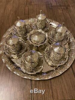 Ottoman Turkish Silver Metal Tea Coffee Saucers Cups Tray Set UK SELLER