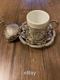 Ottoman Turkish Silver Metal Tea Coffee Saucers Cups Tray Set UK SELLER