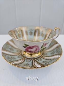 PARAGON Cabbage Rose Radiant Gilding Dusty Teal Tea Cup & Saucer. Free Shipping