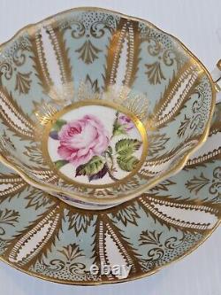 PARAGON Cabbage Rose Radiant Gilding Dusty Teal Tea Cup & Saucer. Free Shipping