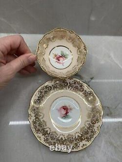 PARAGON Tea Cup Saucer Set Center Cabbage Pink Rose Gold Gilt Vtg Double Warrant