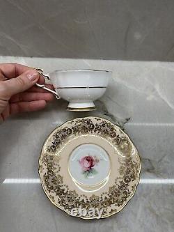 PARAGON Tea Cup Saucer Set Center Cabbage Pink Rose Gold Gilt Vtg Double Warrant