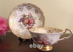 PARAGON Vintage TEA CUP & SAUCER w Flowers & Fruit & Gold Lace FINE BONE CHINA