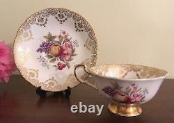 PARAGON Vintage TEA CUP & SAUCER w Flowers & Fruit & Gold Lace FINE BONE CHINA