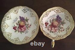 PARAGON Vintage TEA CUP & SAUCER w Flowers & Fruit & Gold Lace FINE BONE CHINA