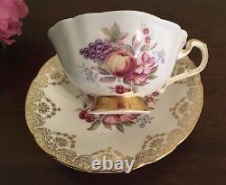 PARAGON Vintage TEA CUP & SAUCER w Flowers & Fruit & Gold Lace FINE BONE CHINA