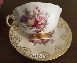PARAGON Vintage TEA CUP & SAUCER w Flowers & Fruit & Gold Lace FINE BONE CHINA