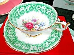 PARAGON tea cup and saucer Floral pink rose daisy teacup England 1950s pale grn