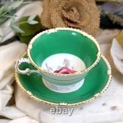 PARAGON tea cup and saucer Floral pink rose teacup England 1950s Gadroon green