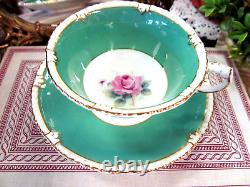 PARAGON tea cup and saucer Floral pink rose teacup England 1950s Gadroon green