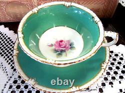 PARAGON tea cup and saucer Floral pink rose teacup England 1950s Gadroon green