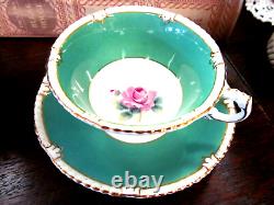 PARAGON tea cup and saucer Floral pink rose teacup England 1950s Gadroon green