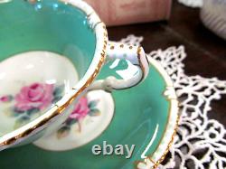 PARAGON tea cup and saucer Floral pink rose teacup England 1950s Gadroon green