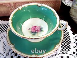 PARAGON tea cup and saucer Floral pink rose teacup England 1950s Gadroon green
