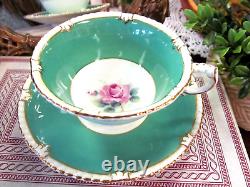 PARAGON tea cup and saucer Floral pink rose teacup England 1950s Gadroon green
