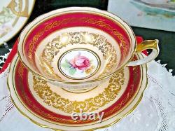PARAGON tea cup and saucer PINK center rose gold gilt red band teacup DW 1950s
