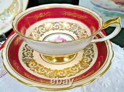 PARAGON tea cup and saucer PINK center rose gold gilt red band teacup DW 1950s