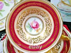 PARAGON tea cup and saucer PINK center rose gold gilt red band teacup DW 1950s