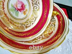 PARAGON tea cup and saucer PINK center rose gold gilt red band teacup DW 1950s