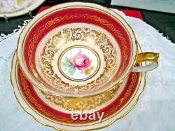 PARAGON tea cup and saucer PINK center rose gold gilt red band teacup DW 1950s