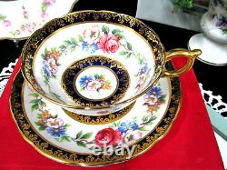 PARAGON tea cup and saucer cobalt blue & pink rose floral teacup England 1950s
