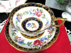 PARAGON tea cup and saucer cobalt blue & pink rose floral teacup England 1950s