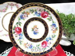 PARAGON tea cup and saucer cobalt blue & pink rose floral teacup England 1950s