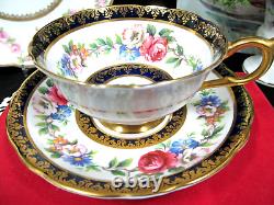 PARAGON tea cup and saucer cobalt blue & pink rose floral teacup England 1950s