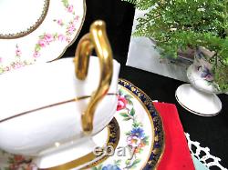 PARAGON tea cup and saucer cobalt blue & pink rose floral teacup England 1950s