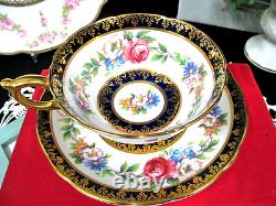 PARAGON tea cup and saucer cobalt blue & pink rose floral teacup England 1950s