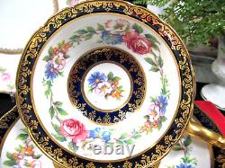 PARAGON tea cup and saucer cobalt blue & pink rose floral teacup England 1950s
