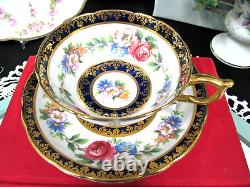 PARAGON tea cup and saucer cobalt blue & pink rose floral teacup England 1950s