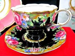 PARAGON tea cup and saucer pink cabbage rose black teacup chintz England 1950's