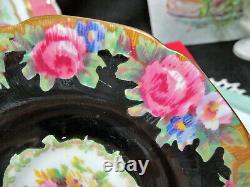 PARAGON tea cup and saucer pink cabbage rose black teacup chintz England 1950's