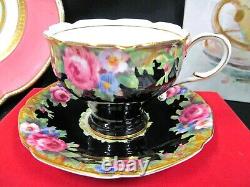 PARAGON tea cup and saucer pink cabbage rose black teacup chintz England 1950's