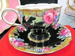 PARAGON tea cup and saucer pink cabbage rose black teacup chintz England 1950's