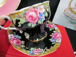 PARAGON tea cup and saucer pink cabbage rose black teacup chintz England 1950's