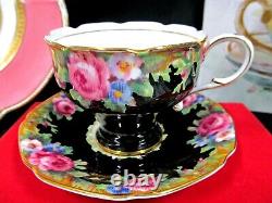 PARAGON tea cup and saucer pink cabbage rose black teacup chintz England 1950's