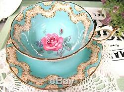 PARAGON tea cup and saucer pink rose Tiffany blue color teacup Victoria pattern