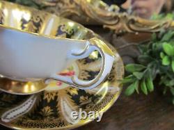 PARAGON tea cup & saucer Black & gold painted orchard fruits Teacup England DW