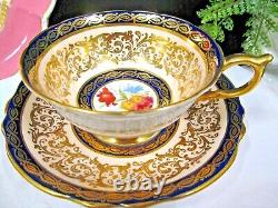 PARAGON tea cup & saucer Cobalt blue & floral gold gilt teacup England 1950s