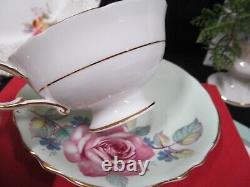 PARAGON tea cup & saucer PINK cabbage rose SAGE GREEN teacup England 1950s set